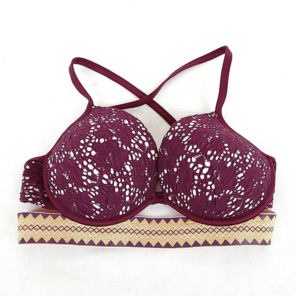 Shade & Shore Womens sz 34D Bikini Top Purple Gold Lace Strappy Swim Suit